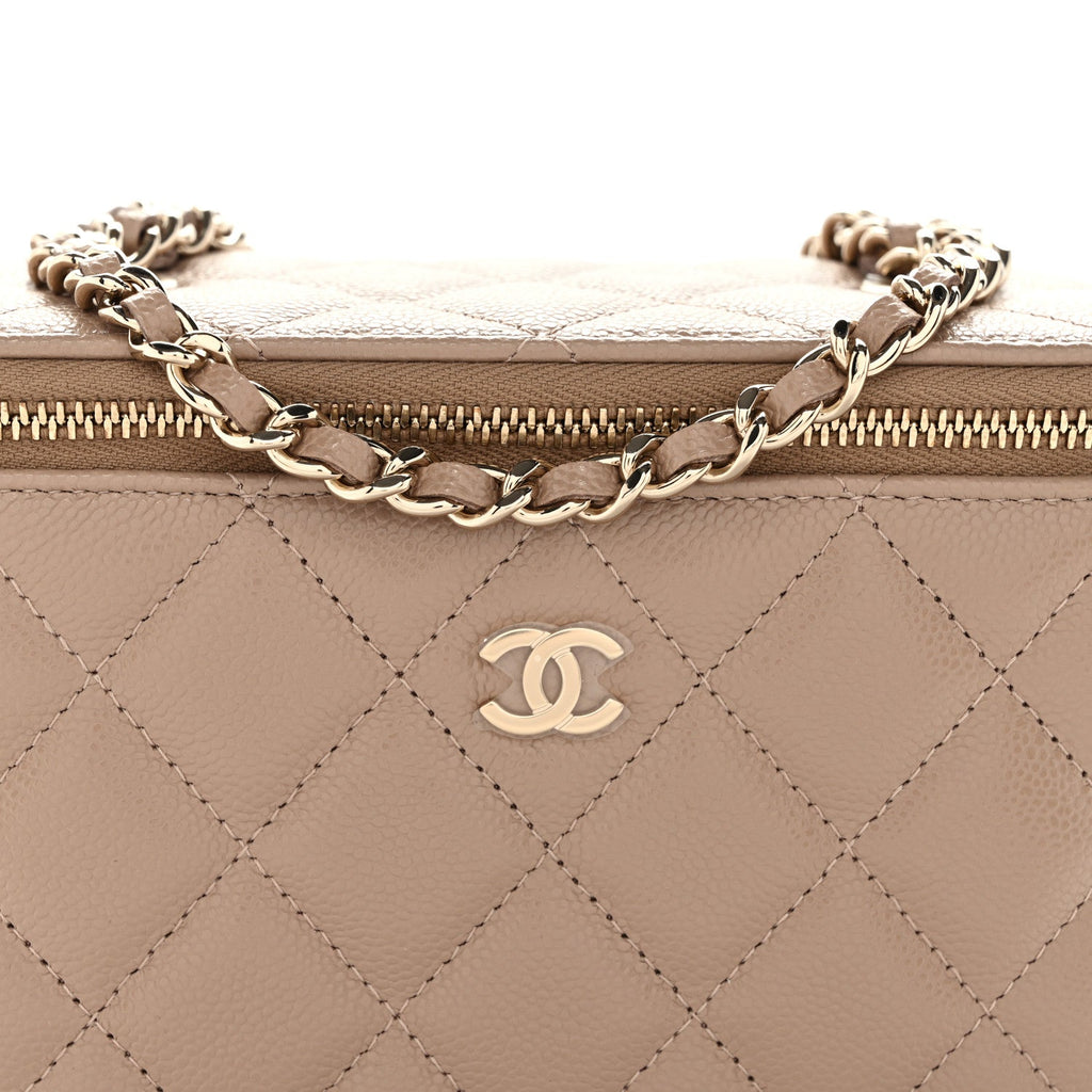 Caviar Quilted Small Vanity Case With Chain Dark Beige