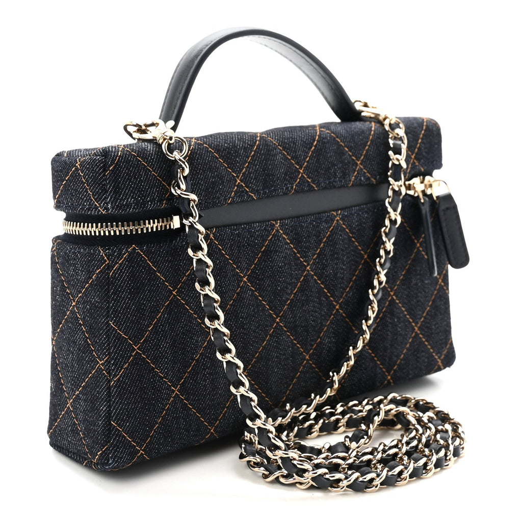Denim Quilted Top Handle Slim Vanity Case With Chain Dark Blue Orange