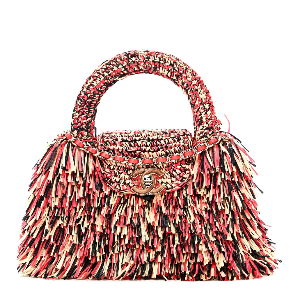 Raffia Fringe Nano Kelly Shopper Red Beige Black