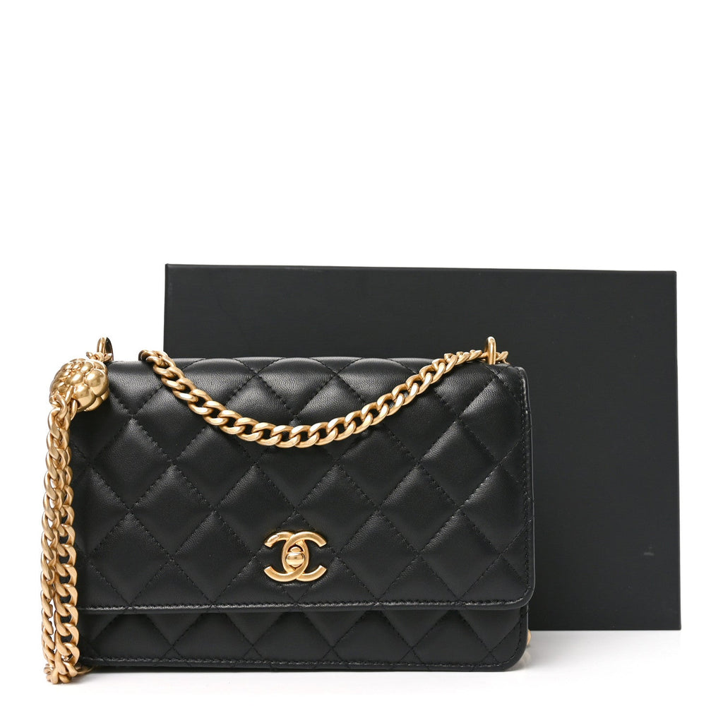 Lambskin Quilted Sweet Camellia Wallet on Chain WOC Black