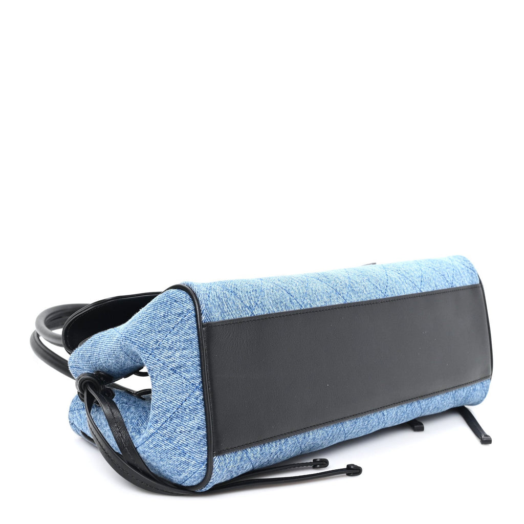 Calfskin Denim Stitched Urban Essentials Small Shopping Bag Blue Black