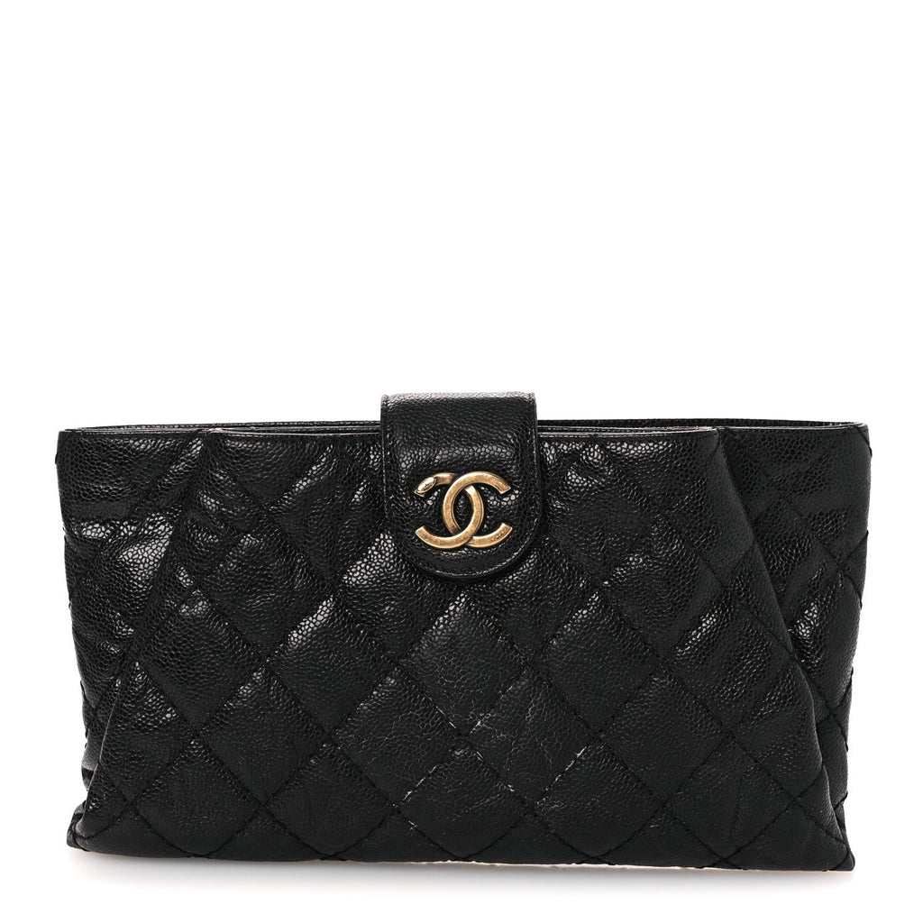 Crumpled Grained Calfskin Quilted Coco Pleats Clutch Black