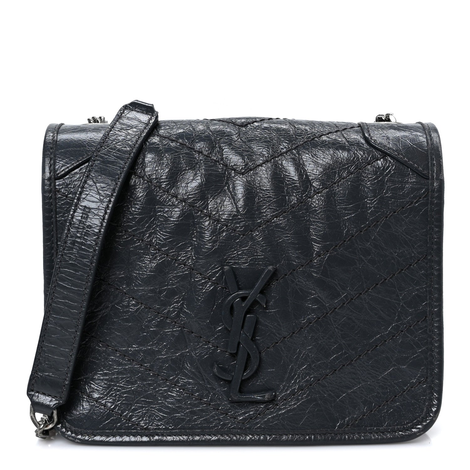 Crinkled Calfskin Matelasse Monogram Niki Chain Wallet Dark Smog