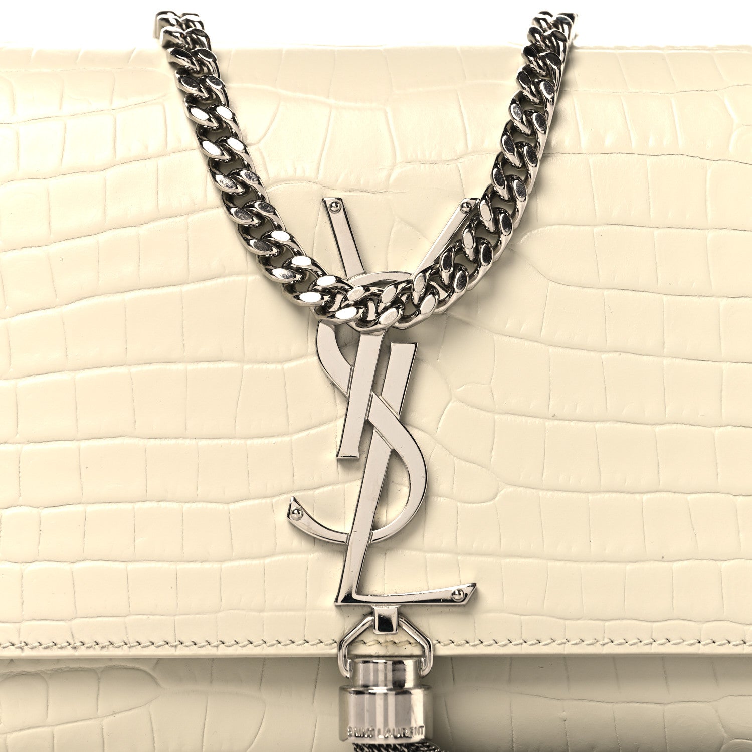 Calfskin Crocodile Embossed Small Classic Monogram Kate Tassel Satchel Blanc Vintage