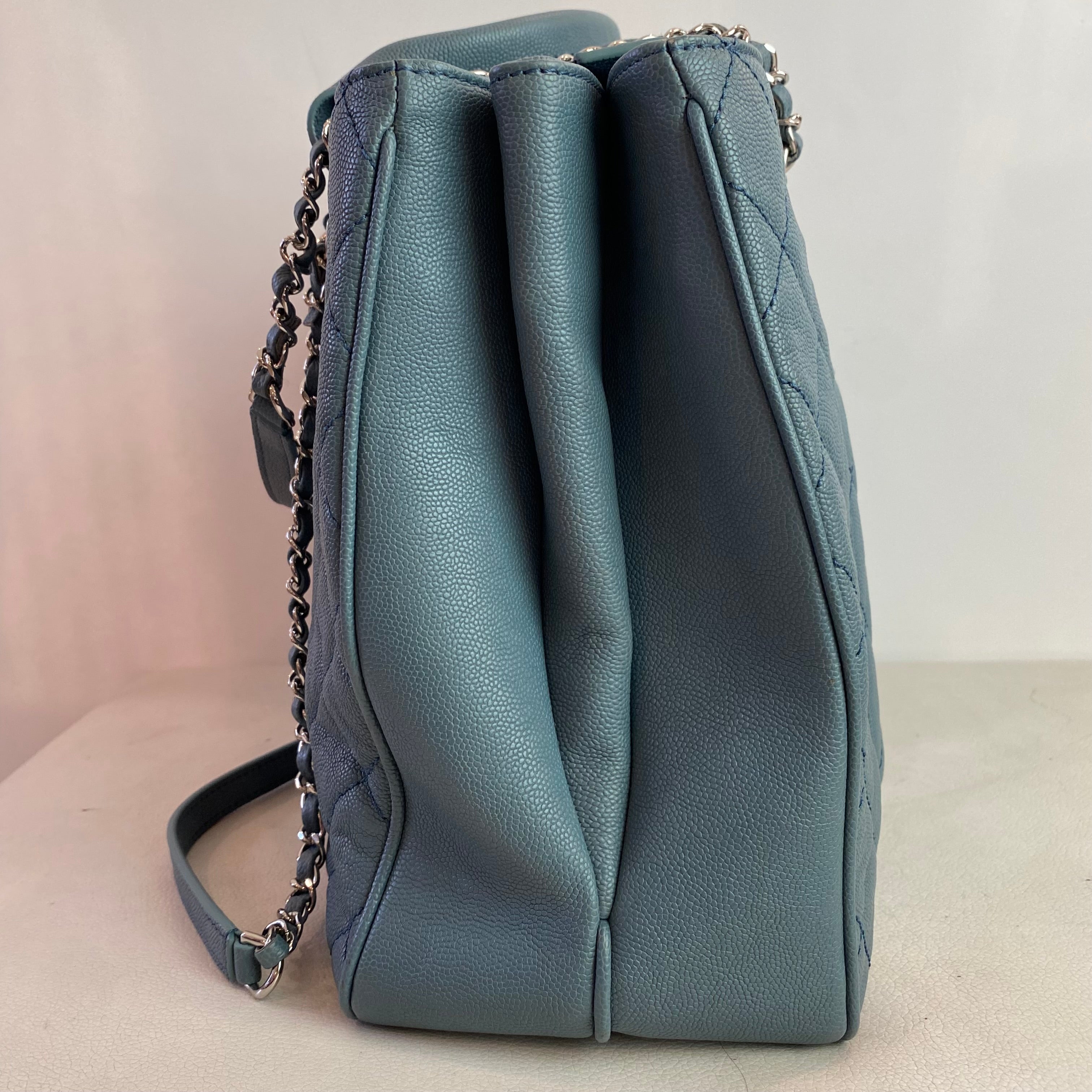 CHANEL Quilted Urban Companion Caviar Top Handle Tote Shoulder Bag Blue