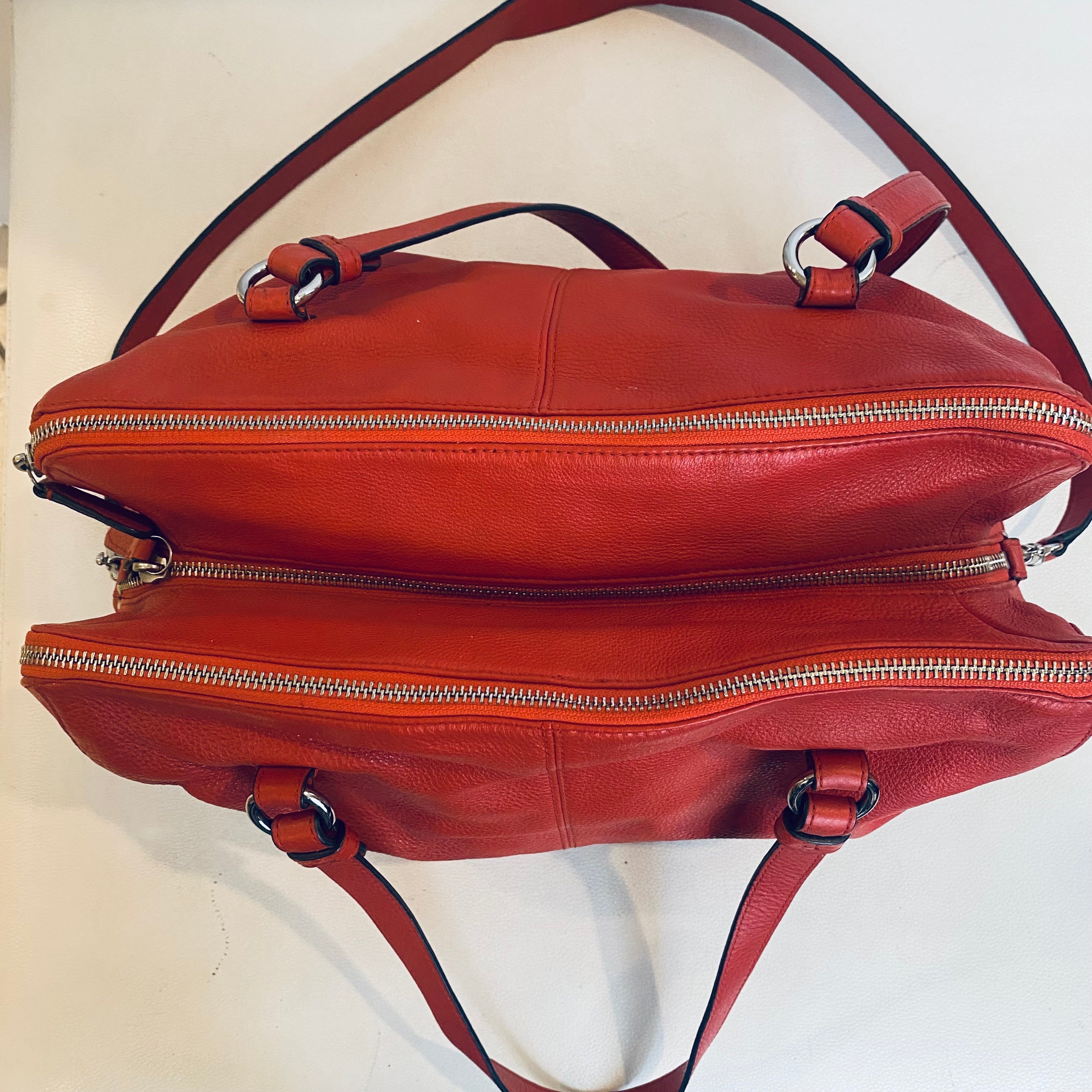 COACH #D1473-F31324 Red Leather Katheryn Triple Zipper Satchel Handbag