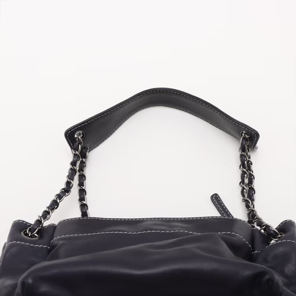 Chanel Logo Lambskin Chain Shoulder Bag Navy Blue