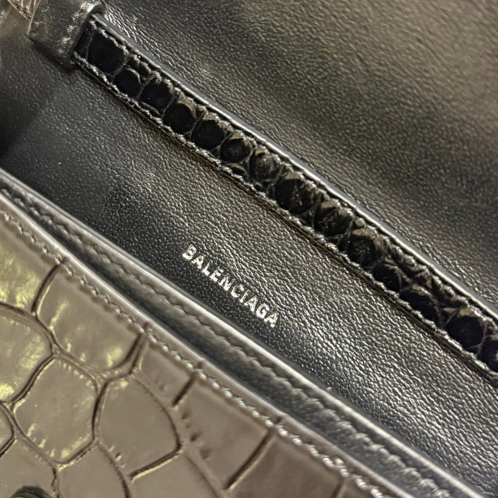 BALENCIAGA SHARP CROCODILE-EMBOSSED BLACK & GOLD WOC BAG