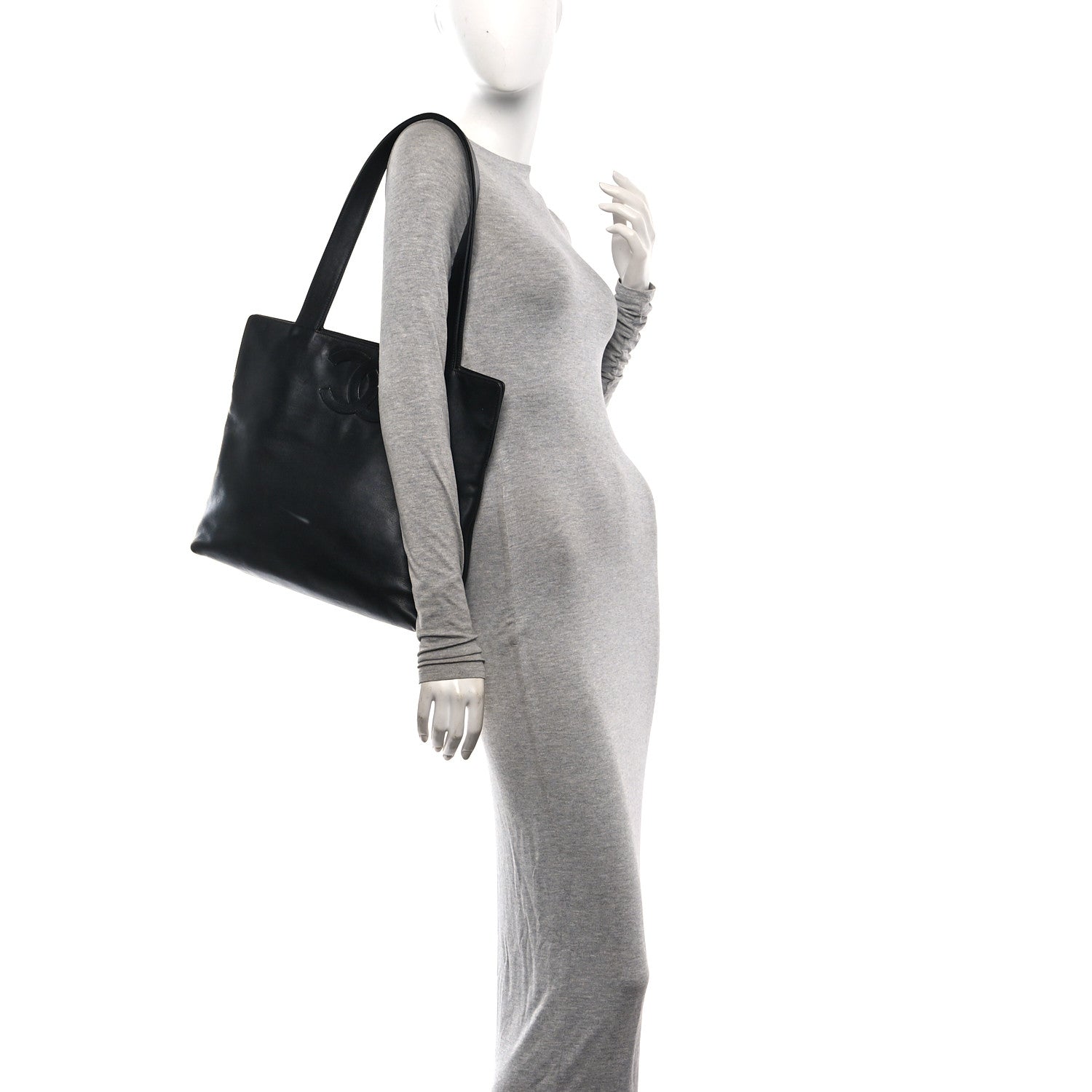 Calfskin Embossed CC Shoulder Bag Black