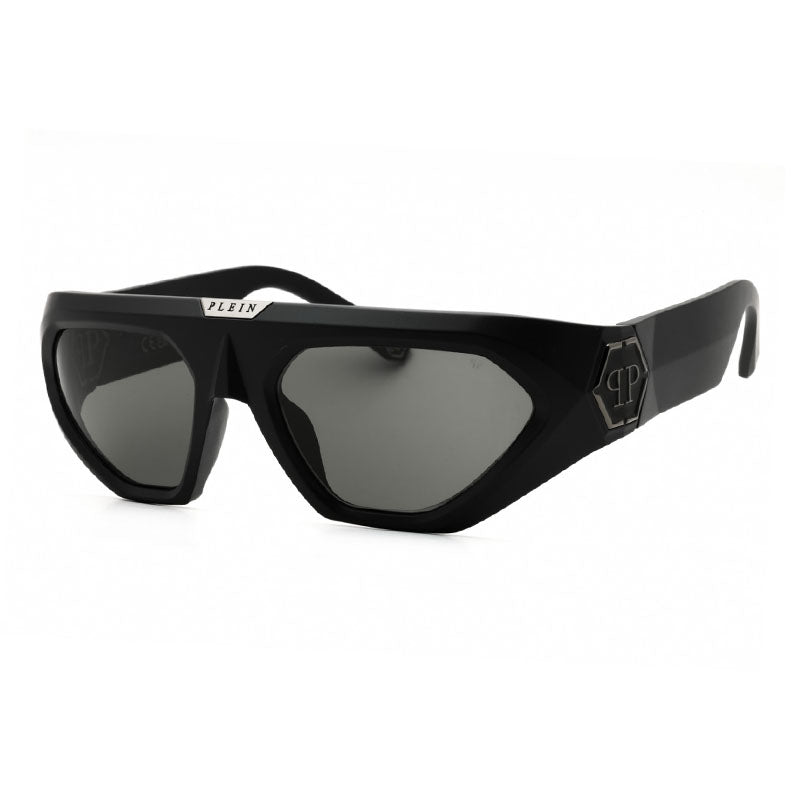 Philipp Plein Sunglasses Rectangle Full Rim, Shiny Black Frame and Grey Silver Mirror Lens SPP153Z42X