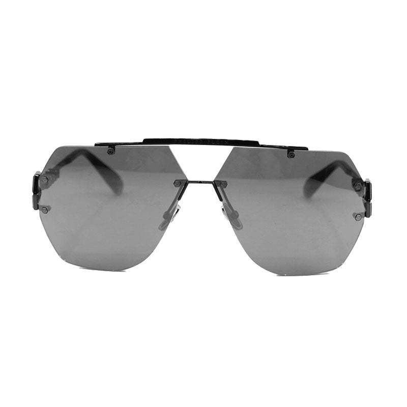 Philipp Plein Sunglasses Aviator Rimless, Black Frame and Grey Silver Mirror Lens SPP111672X
