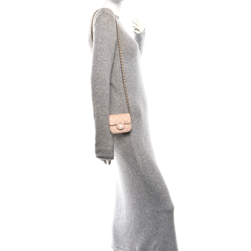 Caviar Quilted Mini Clutch With Chain Light Beige