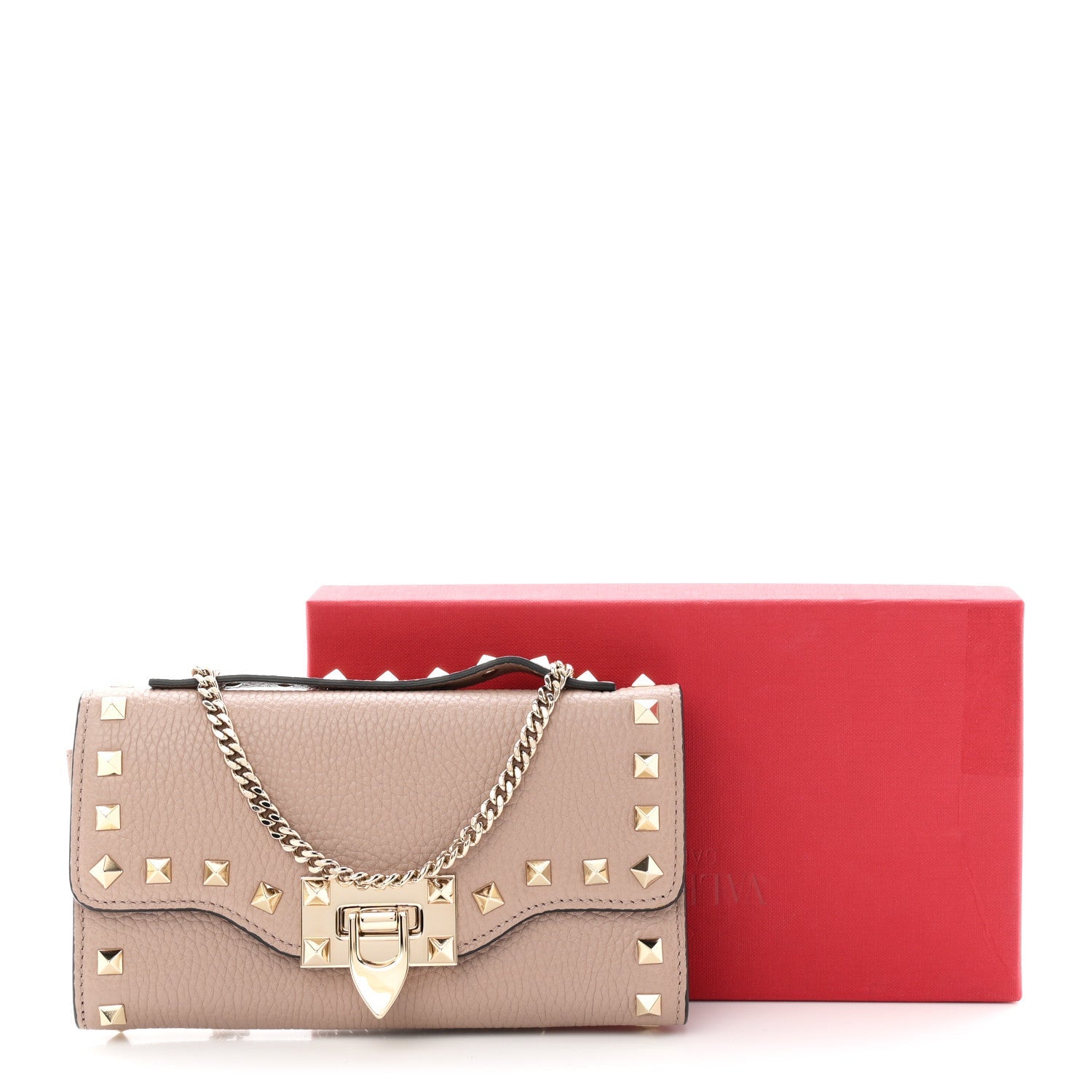 Pebbled Calfskin Rockstud Flip Lock Wallet On Chain Poudre