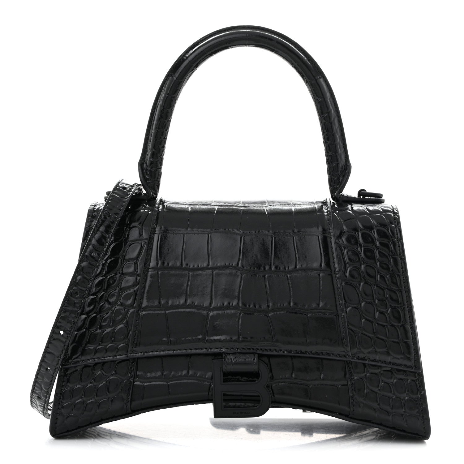 Shiny Calfskin Monochrome Crocodile Embossed Small Hourglass Top Handle Bag Black