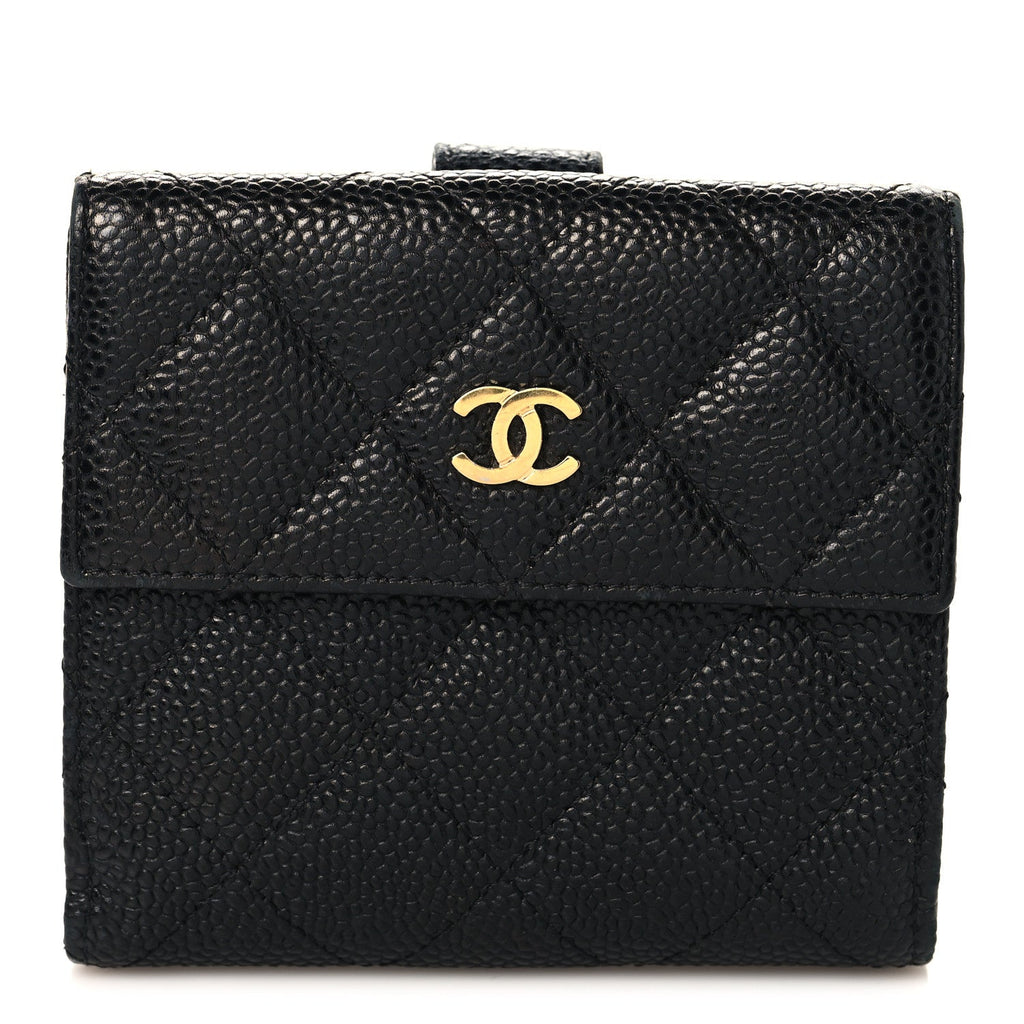 Caviar Quilted Compact French Flap Wallet Black