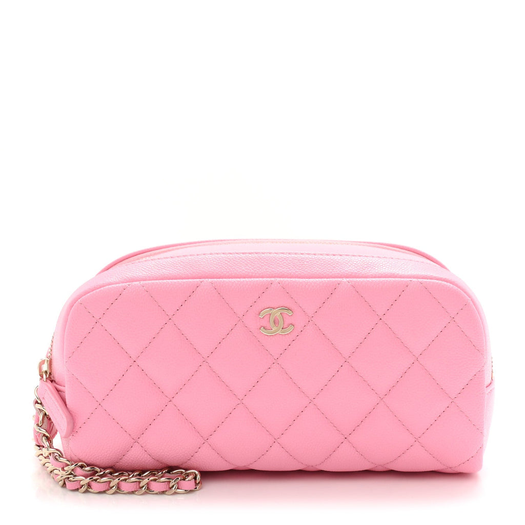 Caviar Quilted Toiletry Case With Chain Pink