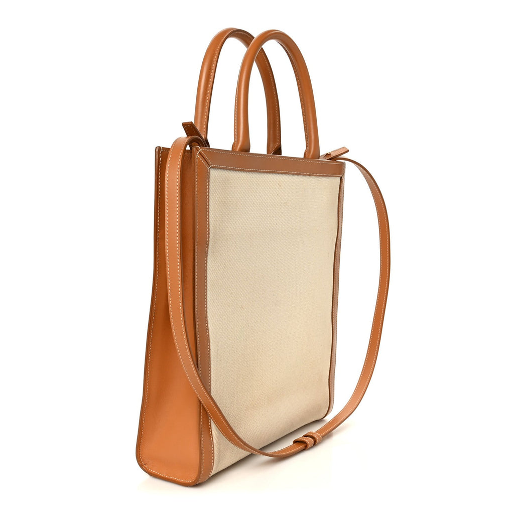 Canvas Calfskin Logo Print Small Vertical Cabas Natural Tan