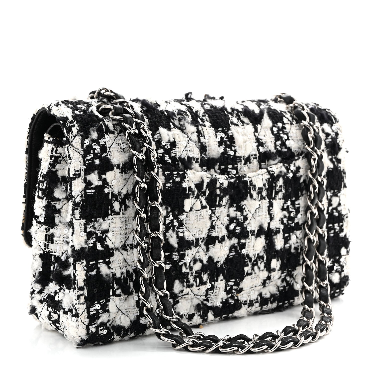 Tweed Sequin Quilted Medium Double Flap Black White