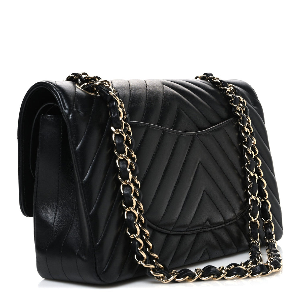 Lambskin Chevron Quilted Medium Double Flap Black