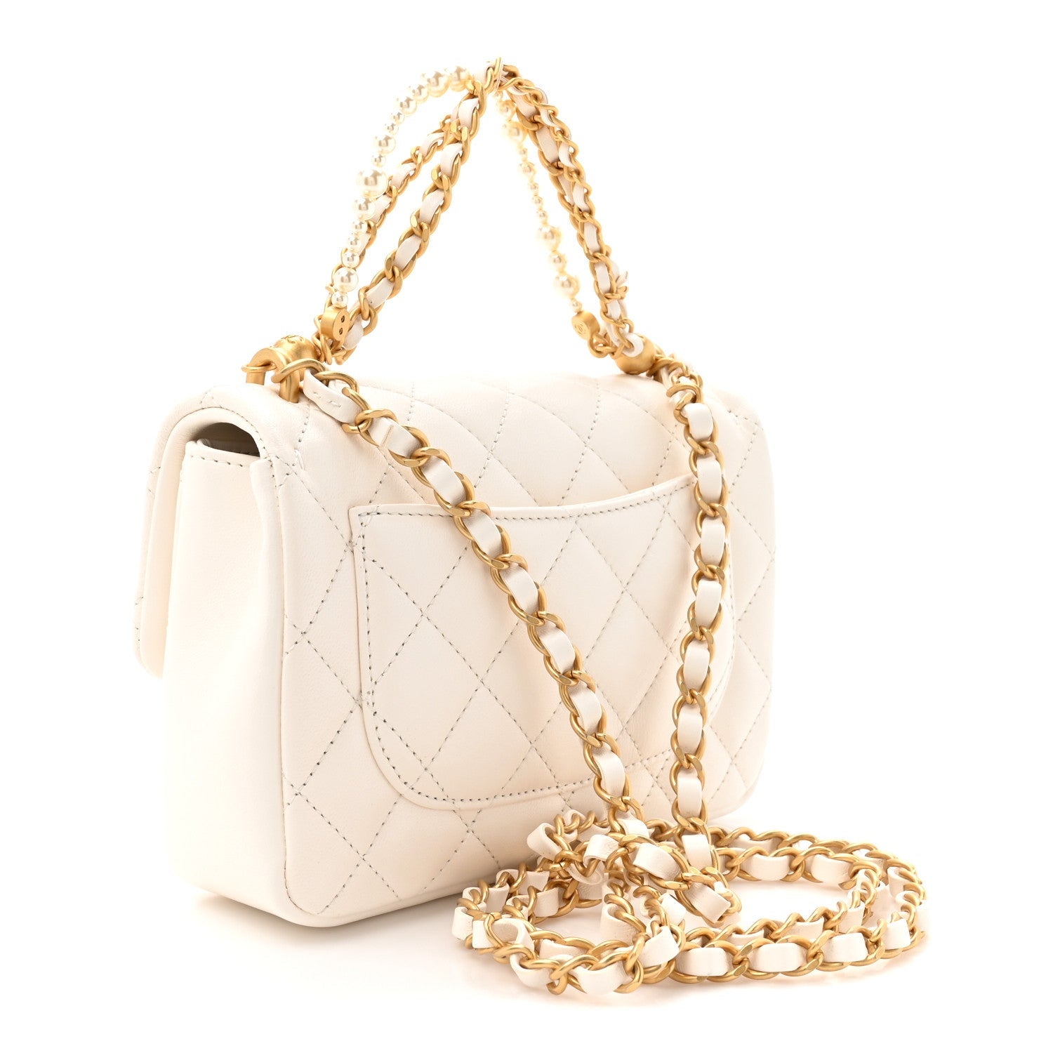Shiny Lambskin Quilted Pearl Twist Mini Square Flap White