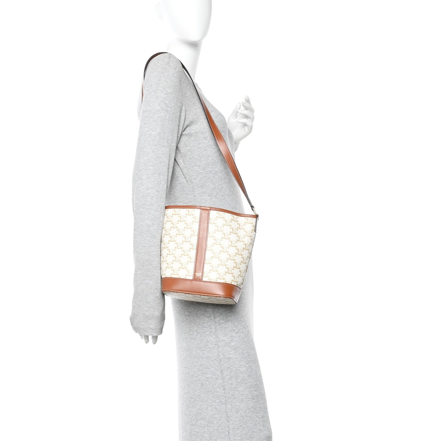 Triomphe Canvas Calfskin Small Bucket Bag White