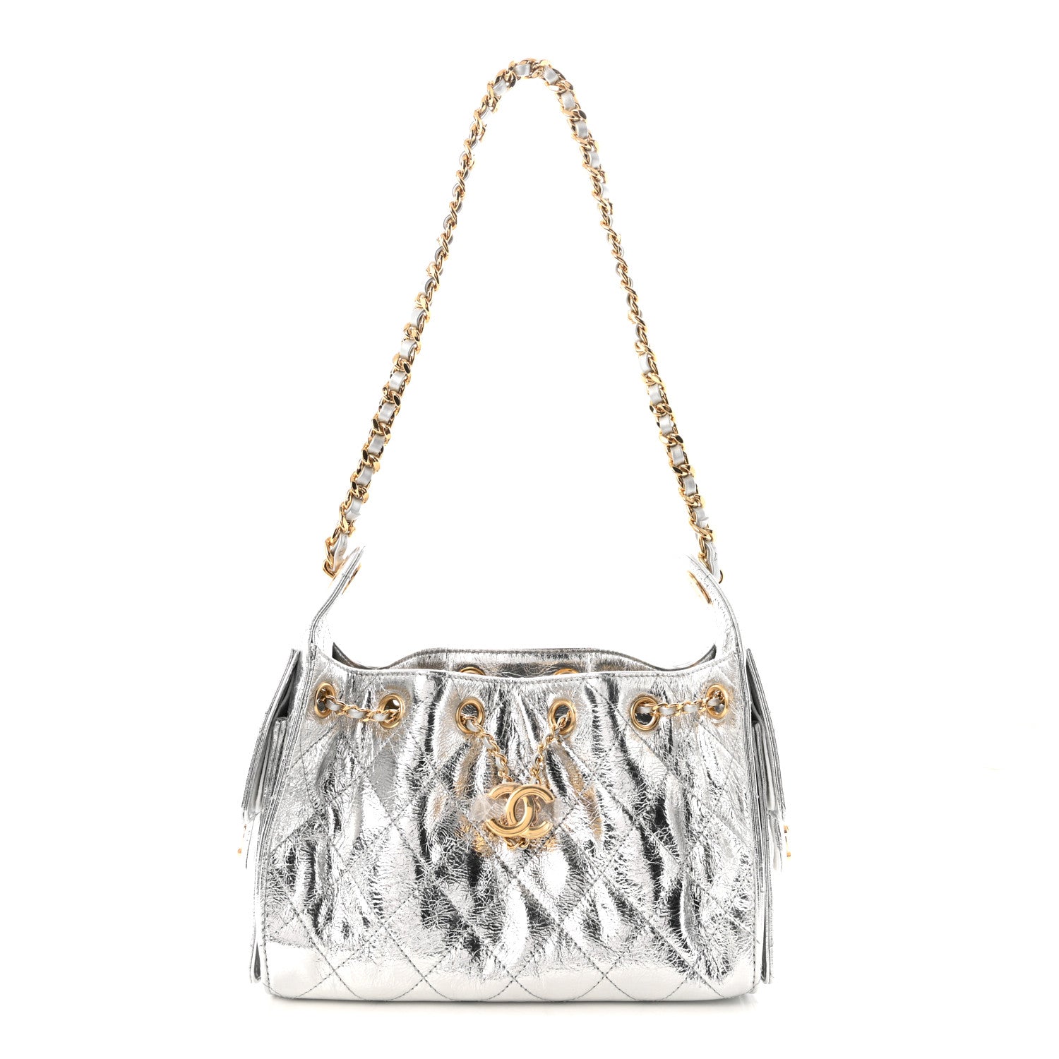 Metallic Aged Calfskin Quilted Mini Chanel 25 Handbag Silver