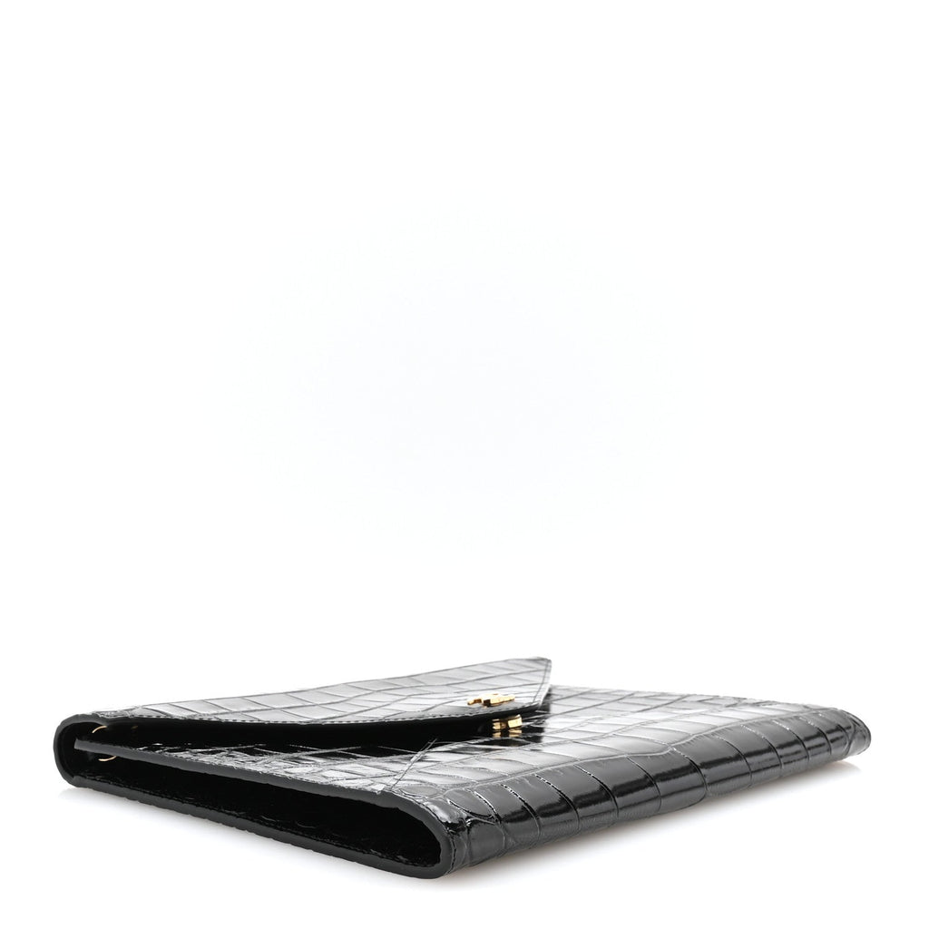 Calfskin Crocodile Embossed Croc Illusion Clutch With Chain Black