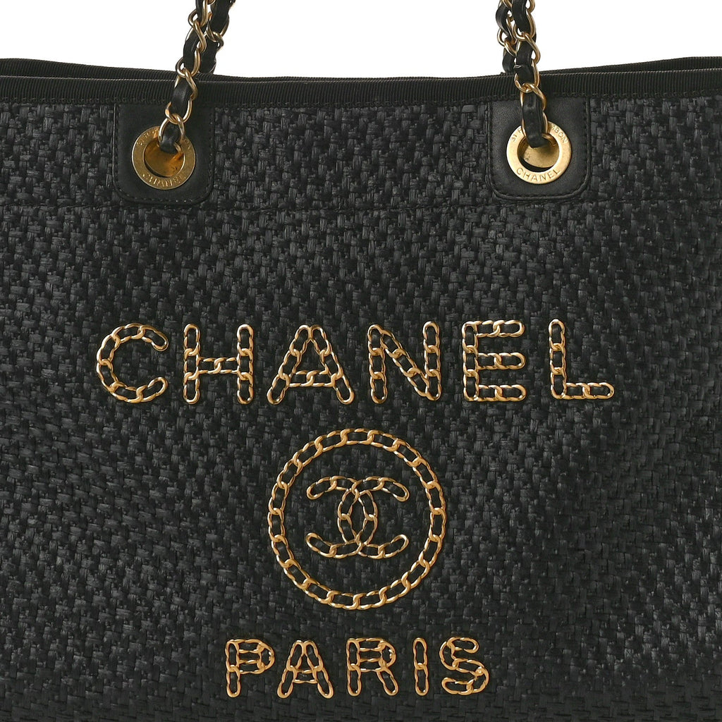 Straw Raffia Calfskin Chain Small Deauville Tote Black