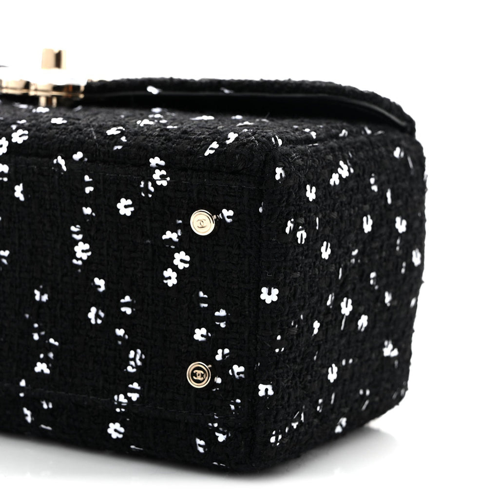 Tweed Sequin Quilted Top Handle Box Bag Black