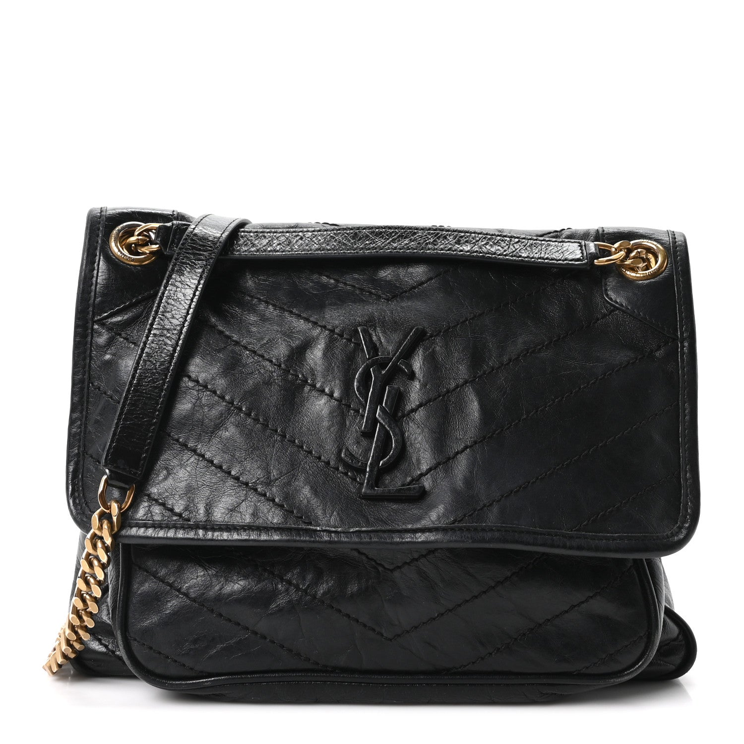 Crinkled Calfskin Matelasse Monogram Medium Niki Chain Satchel Black