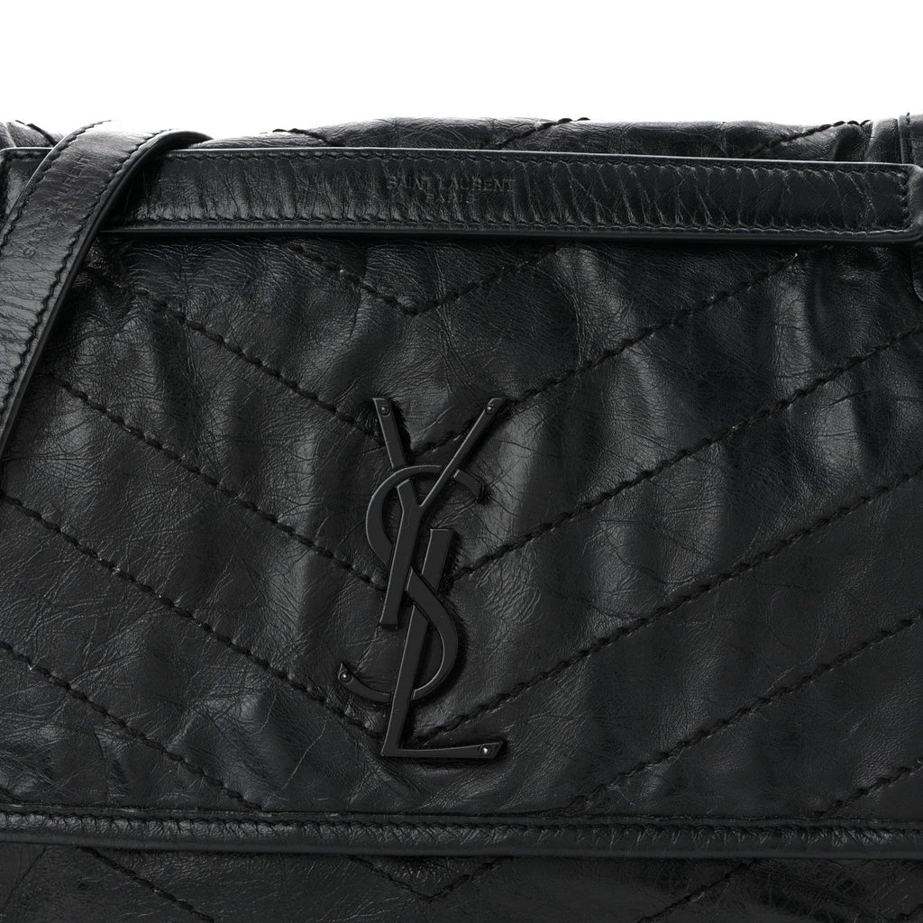 Crinkled Calfskin Matelasse Monogram Medium Niki Chain Satchel Black