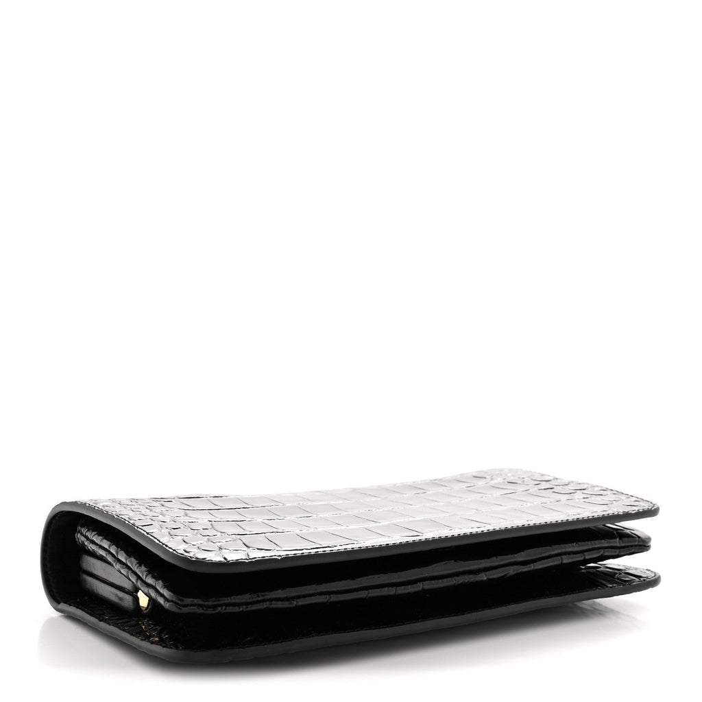 Calfskin Crocodile Embossed CC Clutch Black