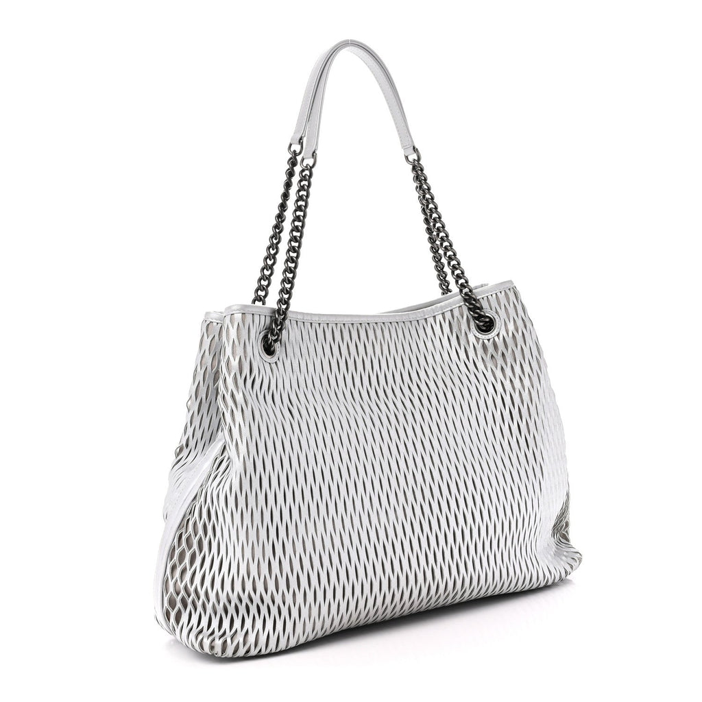 Calfskin Laser Cut Perforated CC Tote Silver