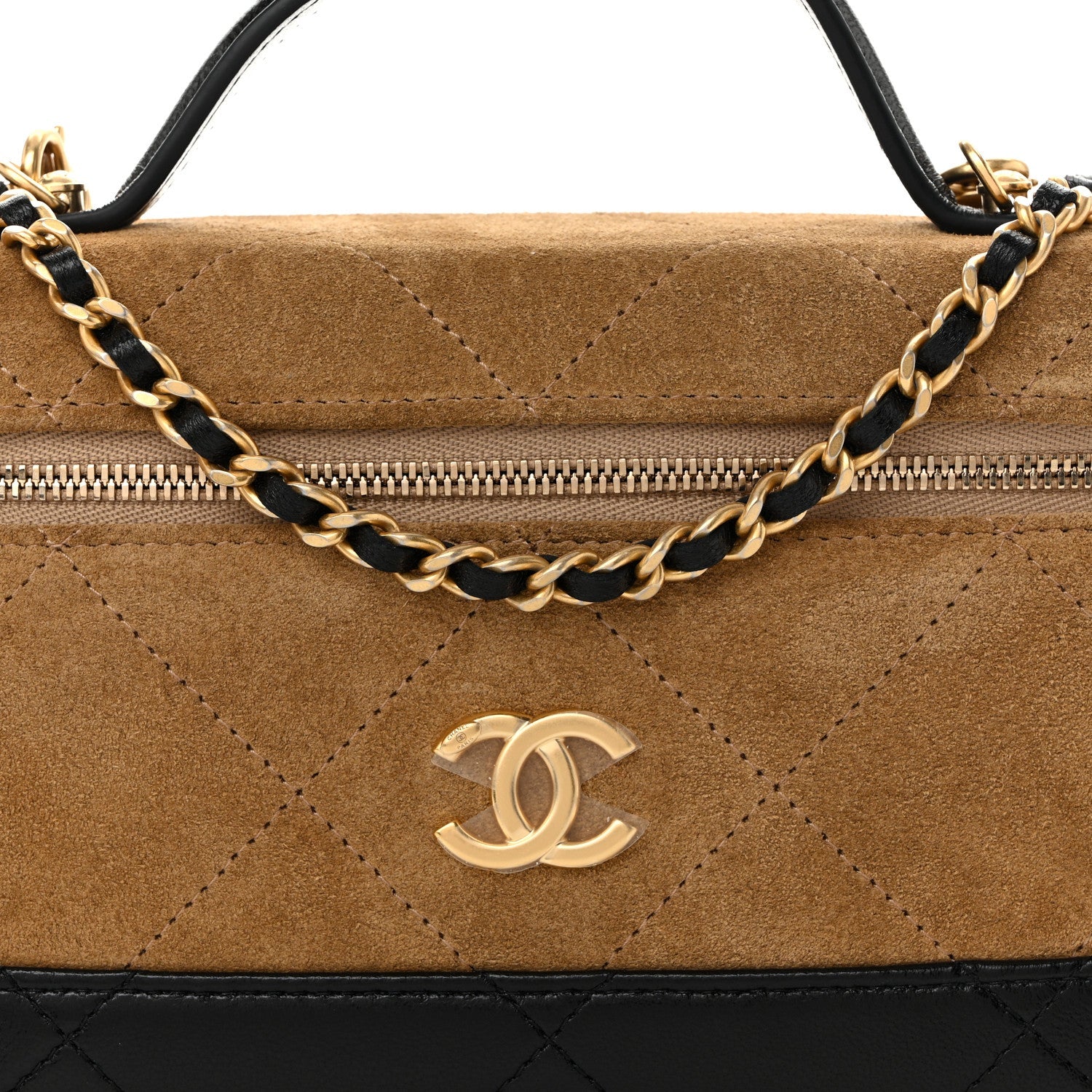 Suede Calfskin Shiny Lambskin Quilted Top Handle Slim Vanity Case With Chain Beige Black