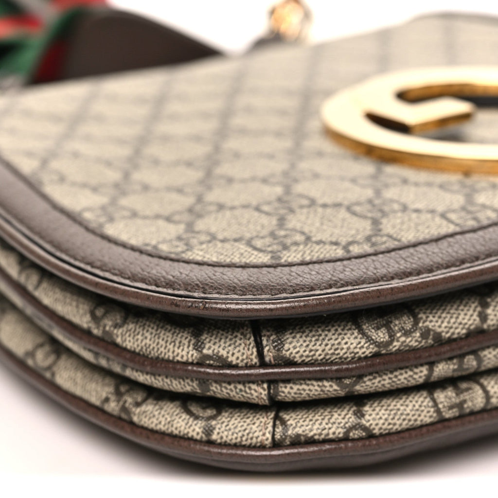 GG Supreme Monogram Textured Dollar Calfskin Web Medium Blondie Top Handle Shoulder Flap Bag Beige Ebony New Acero
