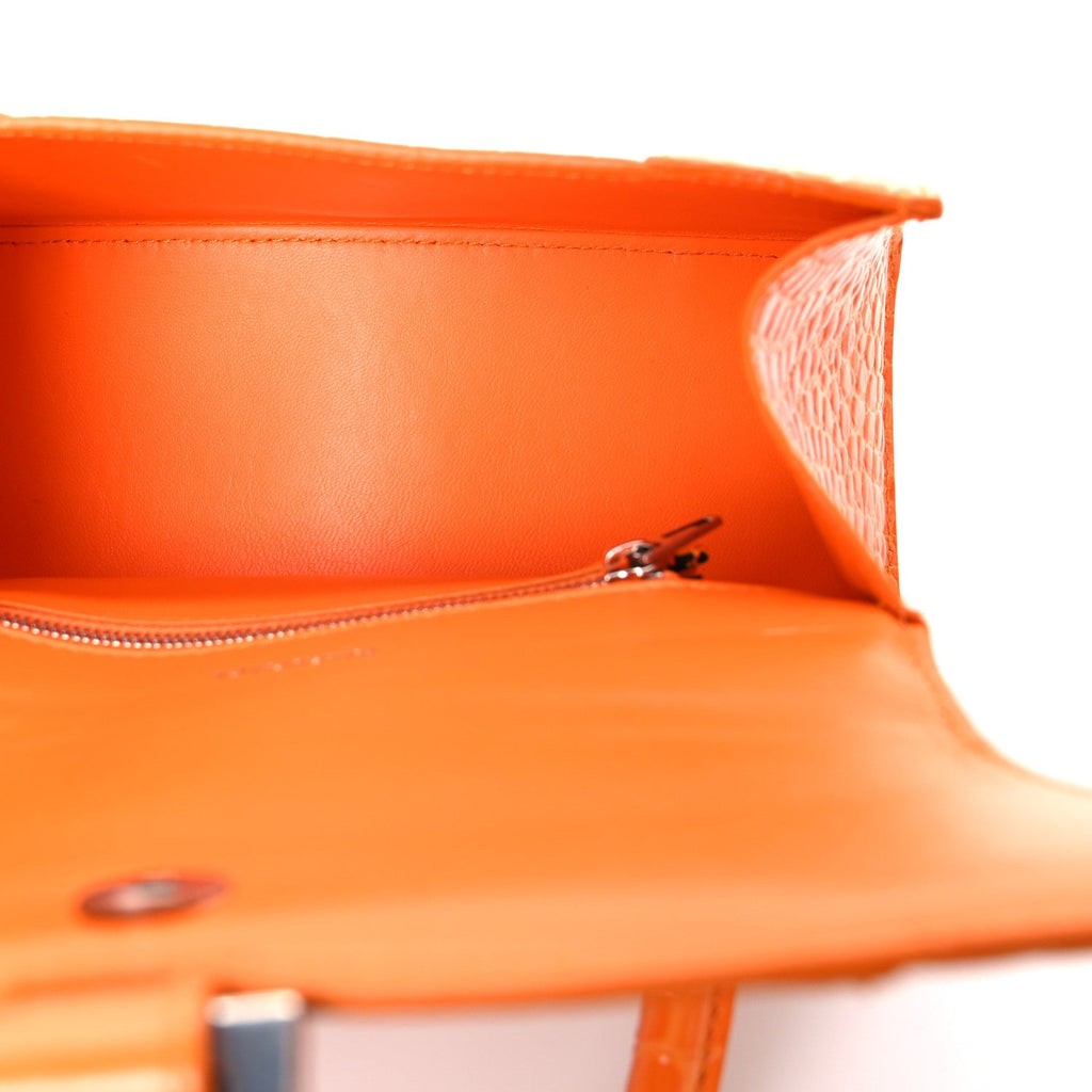 Shiny Calfskin Crocodile Embossed Small Hourglass Top Handle Bag Pop Orange