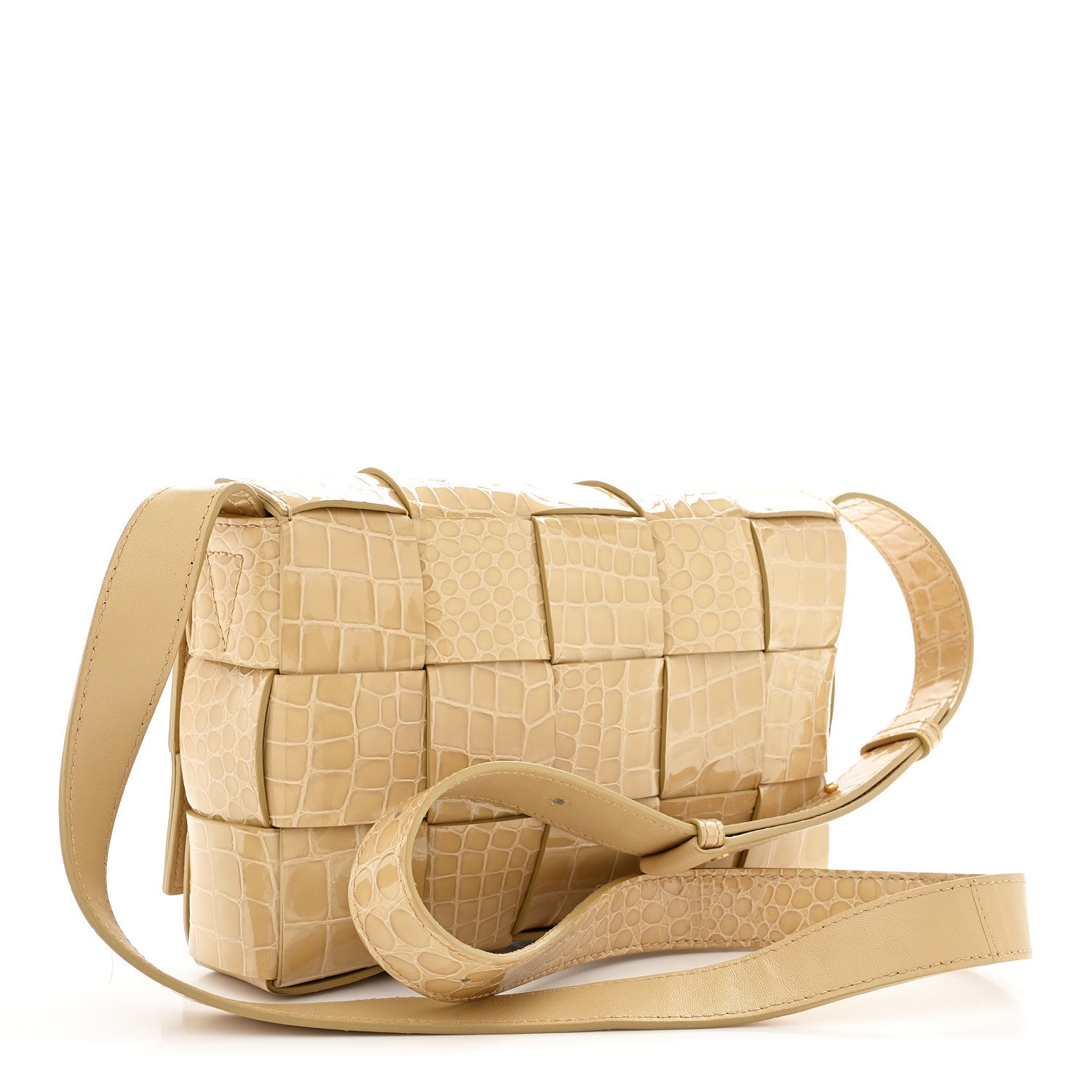 Gloss Calfskin Croc Embossed Intreccio Cassette Crossbody Bag Praline