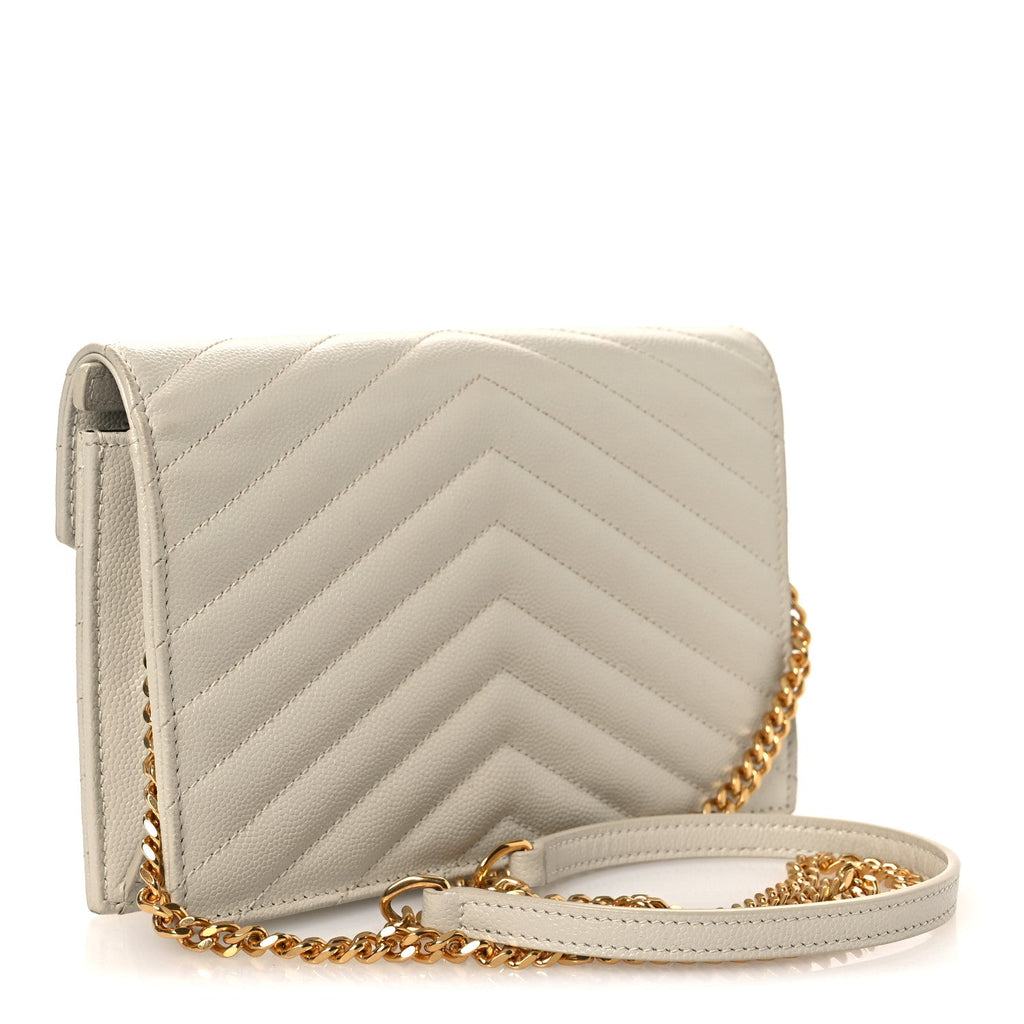 Grain De Poudre Matelasse Chevron Monogram Envelope Chain Wallet Blanc Vintage
