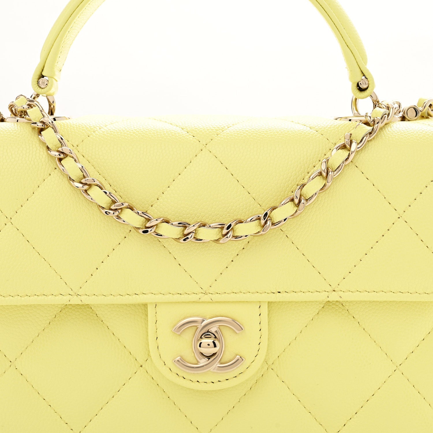 Caviar Quilted Retro Mini Twist Top Handle Clutch Flap Light Yellow