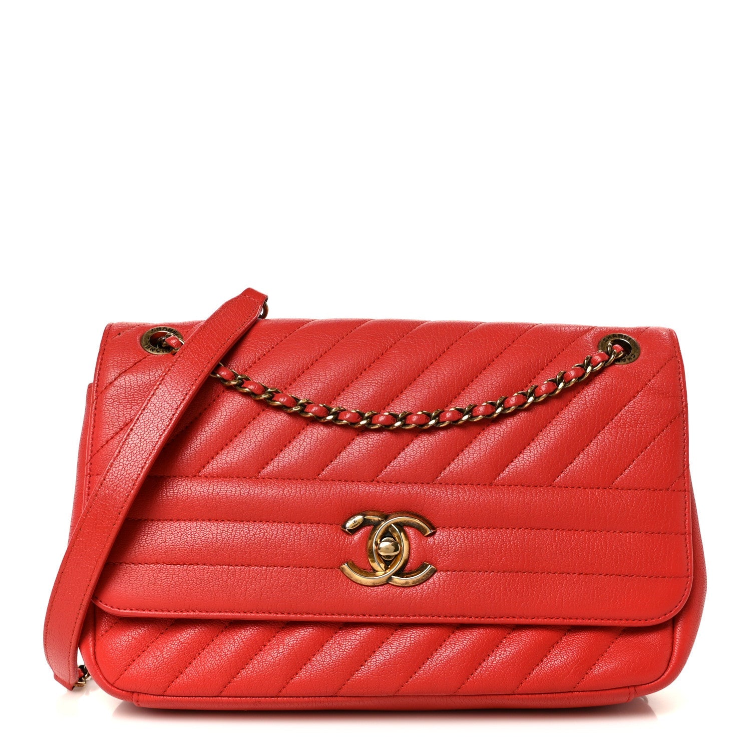 Shiny Goatskin Diagonal Quilted Medium Flap Red