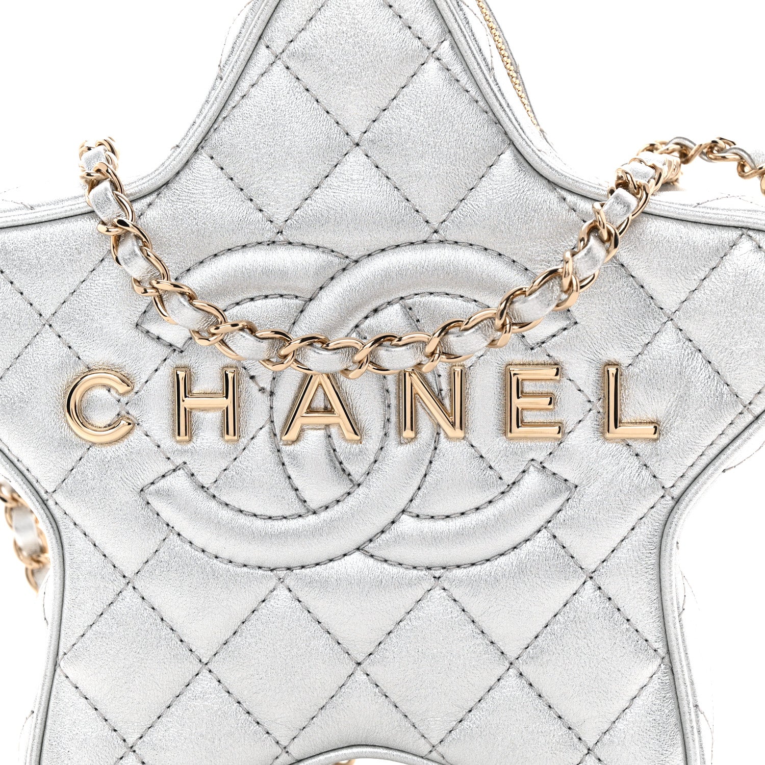 Metallic Lambskin Quilted Walk Of Fame Star Bag Silver