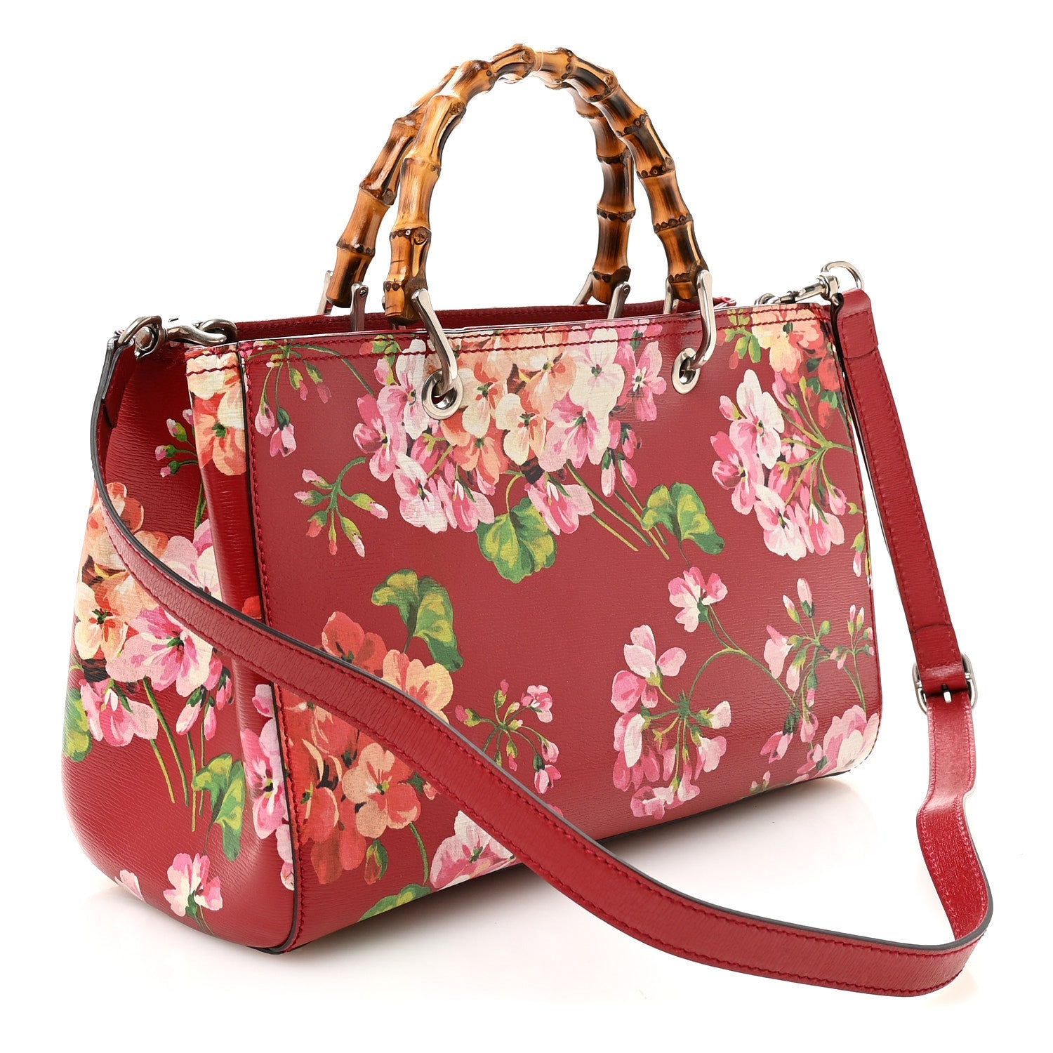 Shangai Calfskin Blooms Print Medium Bamboo Shopper Tote Red Multicolor