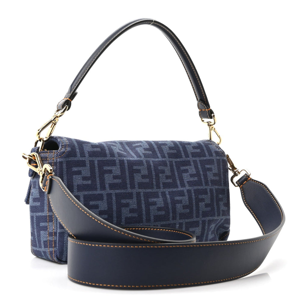 Denim FF Embroidered Reversible Baguette Blue