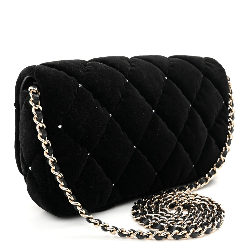 Velvet Diamanté Quilted Flap Clutch Black