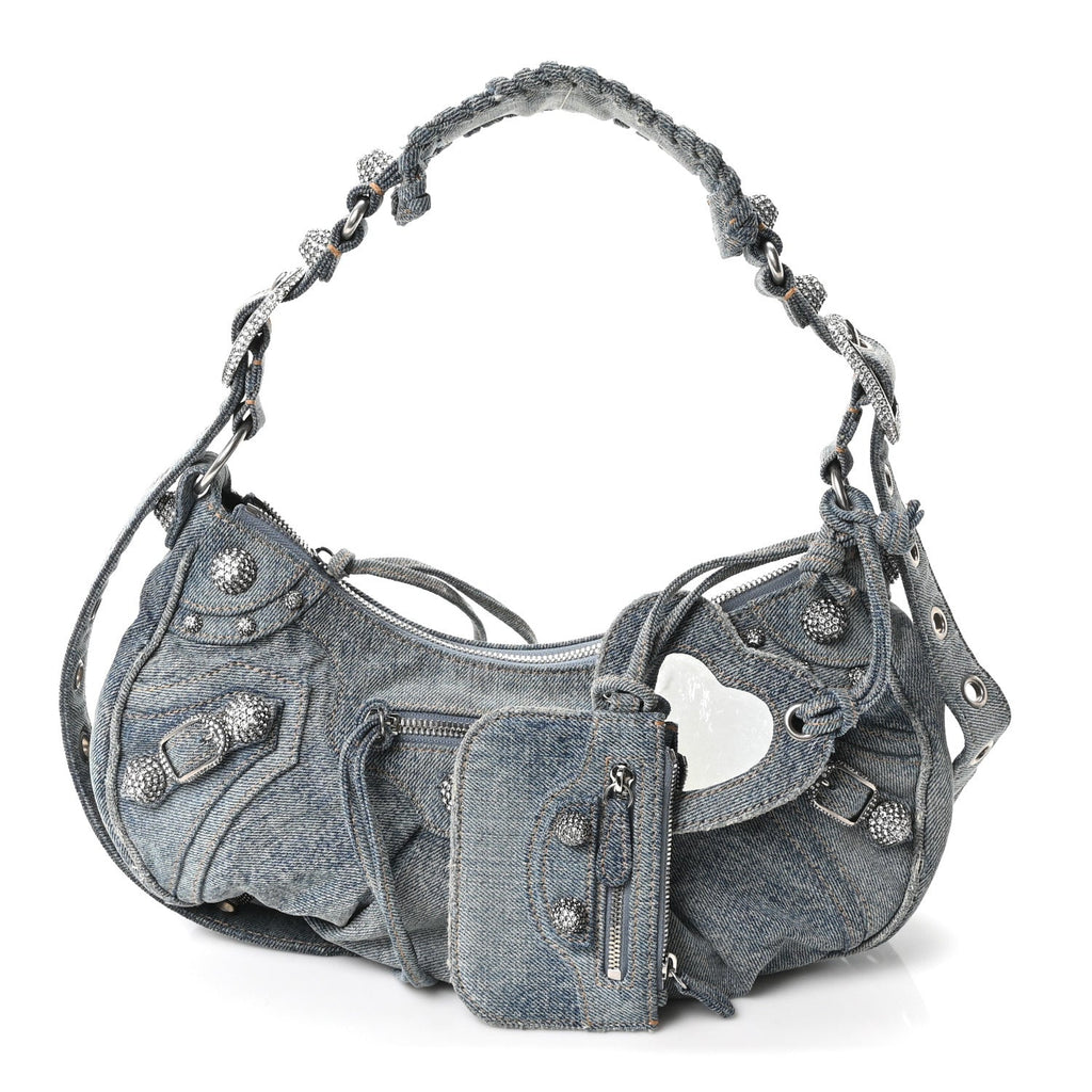 Washed Frayed Denim Crystal Small Le Cagole Shoulder Bag Blue