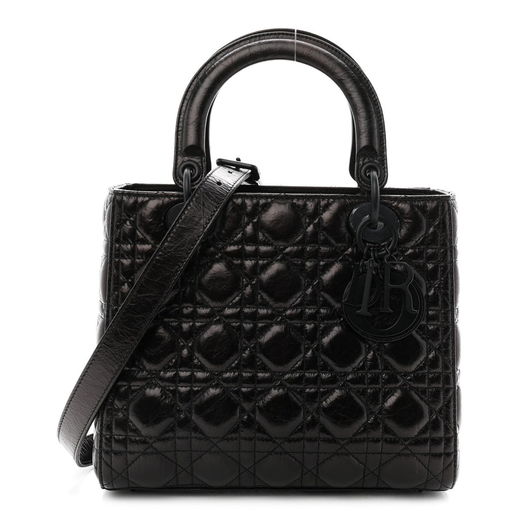Crinkled Calfskin Cannage Medium Lady Dior Black