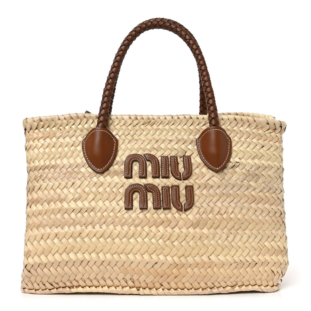 Raffia Braided Handle Tote Beige Cognac