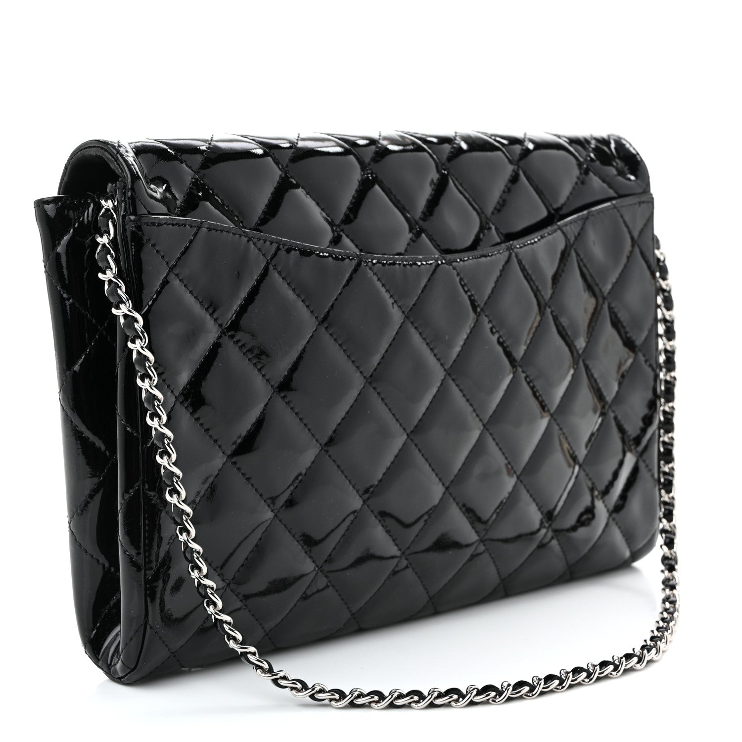 Patent Quilted Clutch with Chain Flap Black