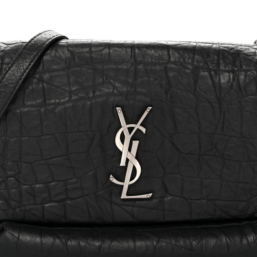 Calfskin Crocodile Embossed Medium West Hollywood Monogram Fold-Over Black