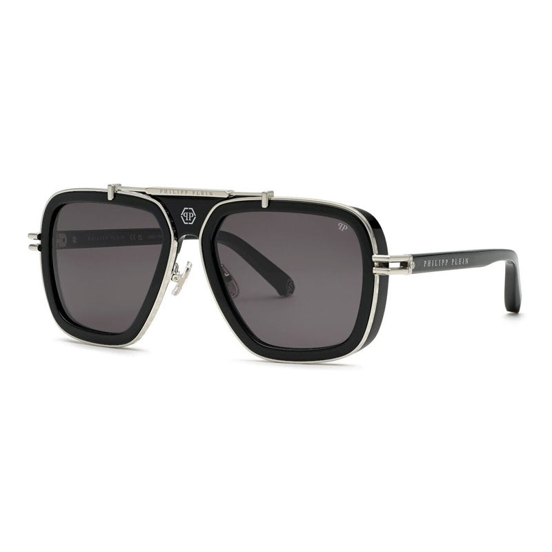 Philipp Plein Sunglasses Aviator Full Rim, Shiny Black Frame and Smoke Grey Lens SPP109M0700